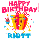 A funny animated birthday GIF with the words 'Happy Birthday Riotta', colorful gift box with arms and legs, holding a cupcake with a lit candle  with confetti everywhere.