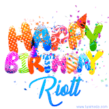 Animated GIF with colorful, festive 'Happy Birthday Riott' text decorated with patterns, a party hat, and falling confetti. A vibrant and cheerful design for birthday celebrations.