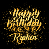 Animated GIF with colorful, festive 'Happy Birthday Ripken' text decorated with patterns, a party hat, and falling confetti. A vibrant and cheerful design for birthday celebrations.