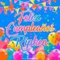 A vibrant animated GIF with 'Feliz Cumpleaños Ripken' written in colorful script, surrounded by balloons, confetti, and bunting on a bright blue background.