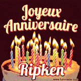 A Happy Birthday GIF in French featuring a festive birthday cake adorned with bright candles and the glowing text 'Joyeux Anniversaire Ripken' in a cheerful style.