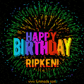 A colorful animated GIF featuring the text 'Happy Birthday Ripken!' in rainbow colors with a dynamic iridescent firework display in the background.