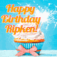 A cheerful animated GIF of a cupcake with creamy frosting, a red checkered ribbon, and a bright sparkler on top. The text 'Happy Birthday Ripken!' is displayed in vibrant orange and red.