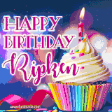 A festive animated GIF featuring a colorful cupcake with a single lit candle, sprinkles, and 'Happy Birthday Ripken' text against a sparkling, celebratory background.