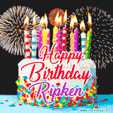 A lively happy birthday animated GIF showcasing a colorful birthday cake covered in sprinkles, topped with glowing candles, and surrounded by vibrant fireworks. The name 'Ripken' is featured in elegant script.