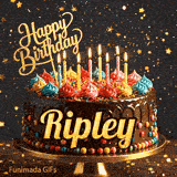 Shimmering golden particles around a chocolate frosted birthday cake with lit candles and the name Ripley.