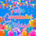 A vibrant animated GIF with 'Feliz Cumpleaños Rishaan' written in colorful script, surrounded by balloons, confetti, and bunting on a bright blue background.