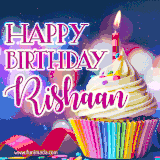 A festive animated GIF featuring a colorful cupcake with a single lit candle, sprinkles, and 'Happy Birthday Rishaan' text against a sparkling, celebratory background.