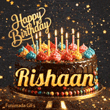A birthday cake with colorful frosting swirls, burning candles, and the name Rishaan on a dark, sparkly background.