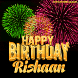A captivating GIF with bursts of green, pink, and orange fireworks lighting up the night sky, accompanied by 'Happy Birthday Rishaan' in glowing golden text.