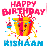 A funny animated birthday GIF with the words 'Happy Birthday Rishaana', colorful gift box with arms and legs, holding a cupcake with a lit candle  with confetti everywhere.