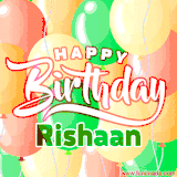 Animated GIF featuring colorful balloons in the background with the cheerful text 'Happy Birthday Rishaan'.