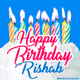 A cheerful animated GIF featuring colorful lit birthday candles on a white cake, with the text 'Happy Birthday Rishab' in bold red and blue script on a bright blue background.