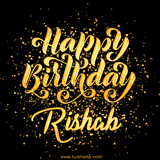 Animated GIF with colorful, festive 'Happy Birthday Rishab' text decorated with patterns, a party hat, and falling confetti. A vibrant and cheerful design for birthday celebrations.