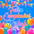 A vibrant animated GIF with 'Feliz Cumpleaños Rishab' written in colorful script, surrounded by balloons, confetti, and bunting on a bright blue background.