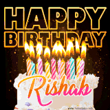 A vibrant animated GIF featuring a delicious birthday cake topped with glowing candles and the name 'Rishab' in elegant script, and the words 'Happy Birthday' on the black background.