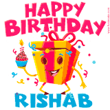 A funny animated birthday GIF with the words 'Happy Birthday Rishaba', colorful gift box with arms and legs, holding a cupcake with a lit candle  with confetti everywhere.