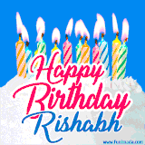A cheerful animated GIF featuring colorful lit birthday candles on a white cake, with the text 'Happy Birthday Rishabh' in bold red and blue script on a bright blue background.