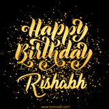 Animated GIF with colorful, festive 'Happy Birthday Rishabh' text decorated with patterns, a party hat, and falling confetti. A vibrant and cheerful design for birthday celebrations.