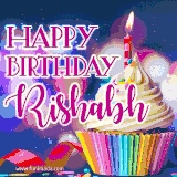 A festive animated GIF featuring a colorful cupcake with a single lit candle, sprinkles, and 'Happy Birthday Rishabh' text against a sparkling, celebratory background.