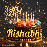 A chocolate birthday cake with colorful candies at the base and lit candles on top, featured on an animated card for Rishabh.