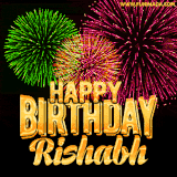 A captivating GIF with bursts of green, pink, and orange fireworks lighting up the night sky, accompanied by 'Happy Birthday Rishabh' in glowing golden text.