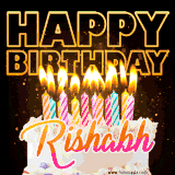 A vibrant animated GIF featuring a delicious birthday cake topped with glowing candles and the name 'Rishabh' in elegant script, and the words 'Happy Birthday' on the black background.