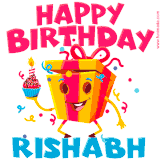 A funny animated birthday GIF with the words 'Happy Birthday Rishabha', colorful gift box with arms and legs, holding a cupcake with a lit candle  with confetti everywhere.