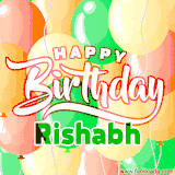 Animated GIF featuring colorful balloons in the background with the cheerful text 'Happy Birthday Rishabh'.