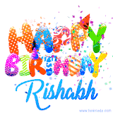 Animated GIF with colorful, festive 'Happy Birthday Rishabh' text decorated with patterns, a party hat, and falling confetti. A vibrant and cheerful design for birthday celebrations.
