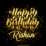 Animated GIF with colorful, festive 'Happy Birthday Rishan' text decorated with patterns, a party hat, and falling confetti. A vibrant and cheerful design for birthday celebrations.