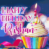 A festive animated GIF featuring a colorful cupcake with a single lit candle, sprinkles, and 'Happy Birthday Rishan' text against a sparkling, celebratory background.