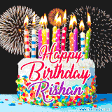 A lively happy birthday animated GIF showcasing a colorful birthday cake covered in sprinkles, topped with glowing candles, and surrounded by vibrant fireworks. The name 'Rishan' is featured in elegant script.
