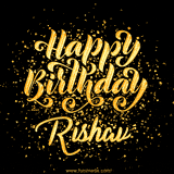 Animated GIF with colorful, festive 'Happy Birthday Rishav' text decorated with patterns, a party hat, and falling confetti. A vibrant and cheerful design for birthday celebrations.
