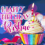 A festive animated GIF featuring a colorful cupcake with a single lit candle, sprinkles, and 'Happy Birthday Rishav' text against a sparkling, celebratory background.