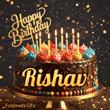 Lit birthday candles on a chocolate drip cake decorated with sprinkles and a gold glitter sign, made for Rishav.