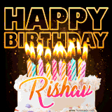 A vibrant animated GIF featuring a delicious birthday cake topped with glowing candles and the name 'Rishav' in elegant script, and the words 'Happy Birthday' on the black background.