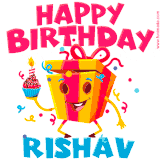 A funny animated birthday GIF with the words 'Happy Birthday Rishava', colorful gift box with arms and legs, holding a cupcake with a lit candle  with confetti everywhere.