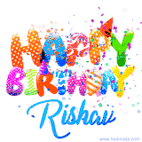 Animated GIF with colorful, festive 'Happy Birthday Rishav' text decorated with patterns, a party hat, and falling confetti. A vibrant and cheerful design for birthday celebrations.