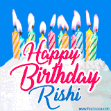 A cheerful animated GIF featuring colorful lit birthday candles on a white cake, with the text 'Happy Birthday Rishi' in bold red and blue script on a bright blue background.