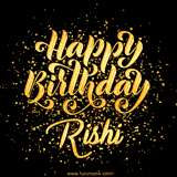 Animated GIF with colorful, festive 'Happy Birthday Rishi' text decorated with patterns, a party hat, and falling confetti. A vibrant and cheerful design for birthday celebrations.