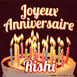 A Happy Birthday GIF in French featuring a festive birthday cake adorned with bright candles and the glowing text 'Joyeux Anniversaire Rishi' in a cheerful style.