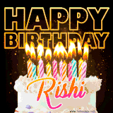 A vibrant animated GIF featuring a delicious birthday cake topped with glowing candles and the name 'Rishi' in elegant script, and the words 'Happy Birthday' on the black background.