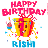 A funny animated birthday GIF with the words 'Happy Birthday Rishia', colorful gift box with arms and legs, holding a cupcake with a lit candle  with confetti everywhere.