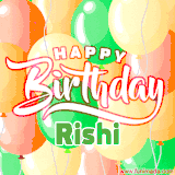 Animated GIF featuring colorful balloons in the background with the cheerful text 'Happy Birthday Rishi'.