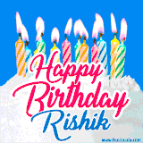 A cheerful animated GIF featuring colorful lit birthday candles on a white cake, with the text 'Happy Birthday Rishik' in bold red and blue script on a bright blue background.