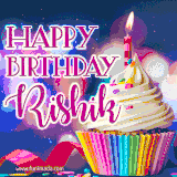 A festive animated GIF featuring a colorful cupcake with a single lit candle, sprinkles, and 'Happy Birthday Rishik' text against a sparkling, celebratory background.