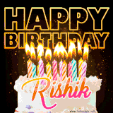 A vibrant animated GIF featuring a delicious birthday cake topped with glowing candles and the name 'Rishik' in elegant script, and the words 'Happy Birthday' on the black background.