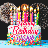 A lively happy birthday animated GIF showcasing a colorful birthday cake covered in sprinkles, topped with glowing candles, and surrounded by vibrant fireworks. The name 'Rishik' is featured in elegant script.