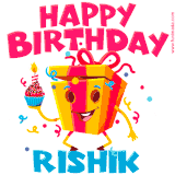 A funny animated birthday GIF with the words 'Happy Birthday Rishika', colorful gift box with arms and legs, holding a cupcake with a lit candle  with confetti everywhere.
